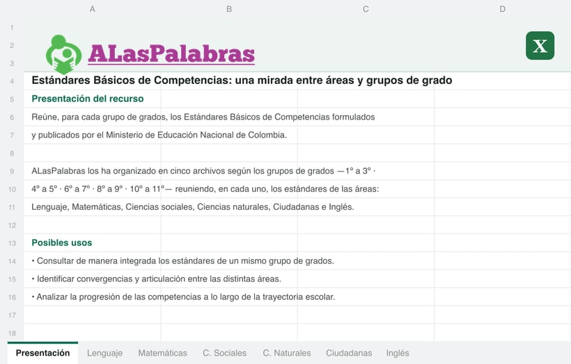 Vista previa de la primera hoja del Excel de Estándares Básicos de Competencias